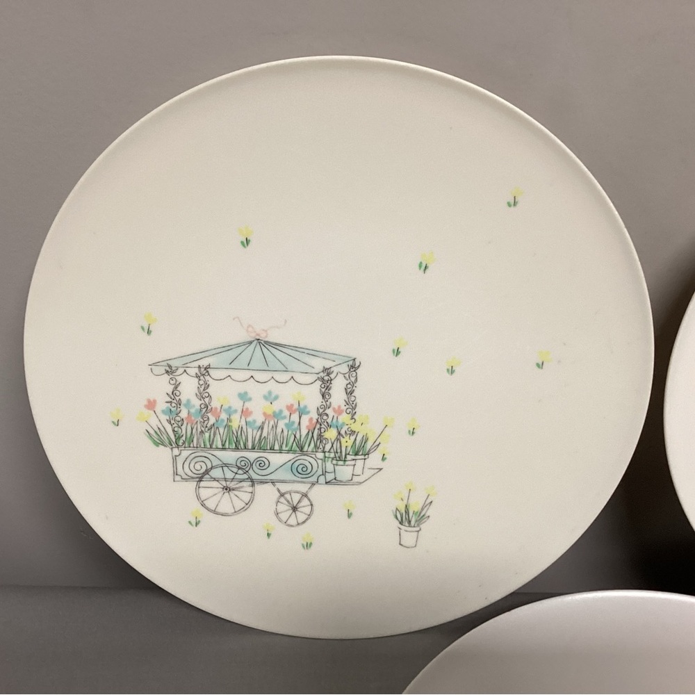 🔵 Vintage MCM Lucent Dinnerware - 3 Dinner Plates - Melamine - Flower Cart - Picture 3 of 13